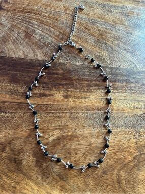 Early 2000s Silver Tone Necklace with Black Beads